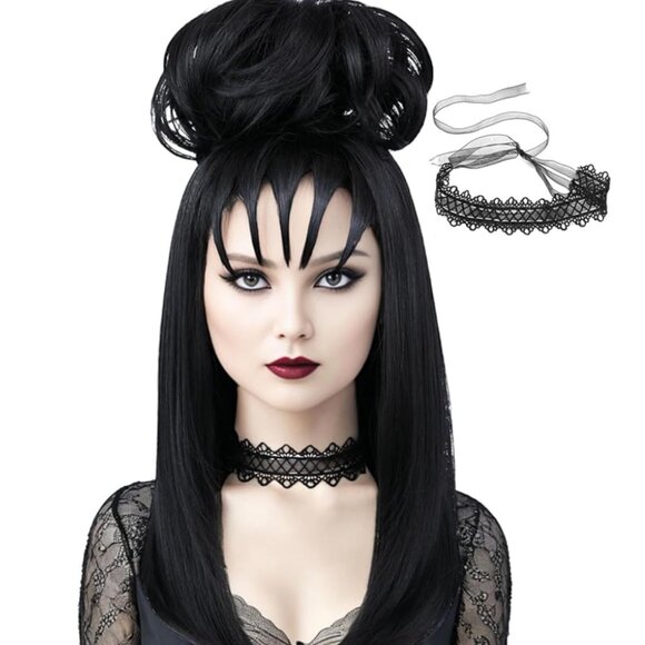 Long Black Costume Wig with Fluffy Curl Buns and Choker Accessories